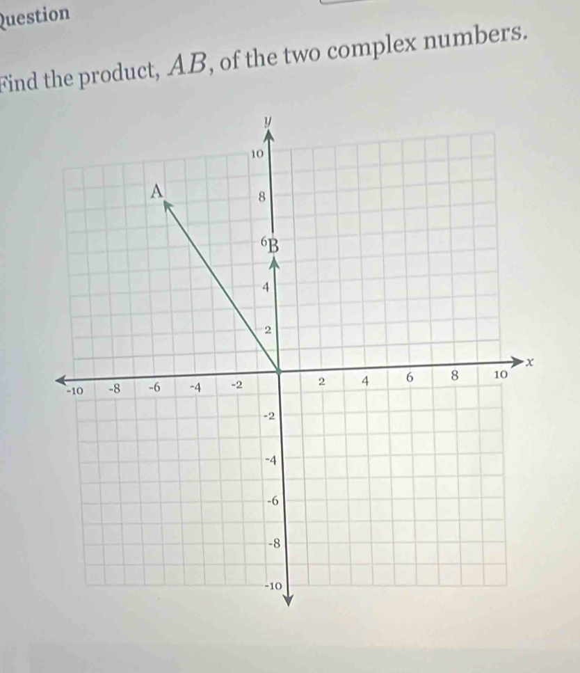 Question 
Find the product, AB, of the two complex numbers.