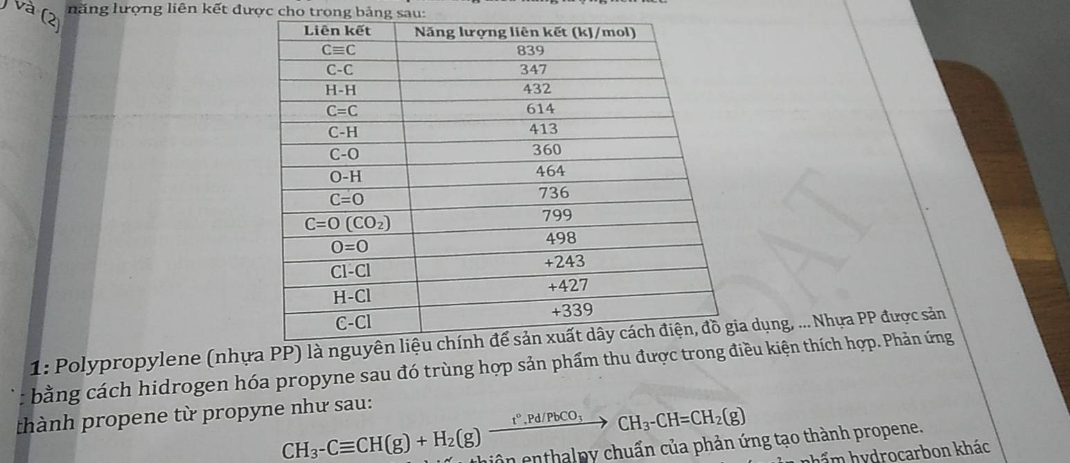 (  năng lượng liên kết được cho trong bảng sau:
1: Polypropylene (nhự dụng, ... Nhựa PP được sản
bằng cách hidrogen hóa propyne sau đó trùng hợp sản phẩm thu đưều kiện thích hợp. Phản ứng
CH_3-Cequiv CH(g)+H_2(g)xrightarrow t°.Pd/PbCO_3CH_3-CH=CH_2(g)
thành propene từ propyne như sau:
on nthalp y chuẩn của phản ứng tạo thành propene.
hẩm hydrocarbon khác