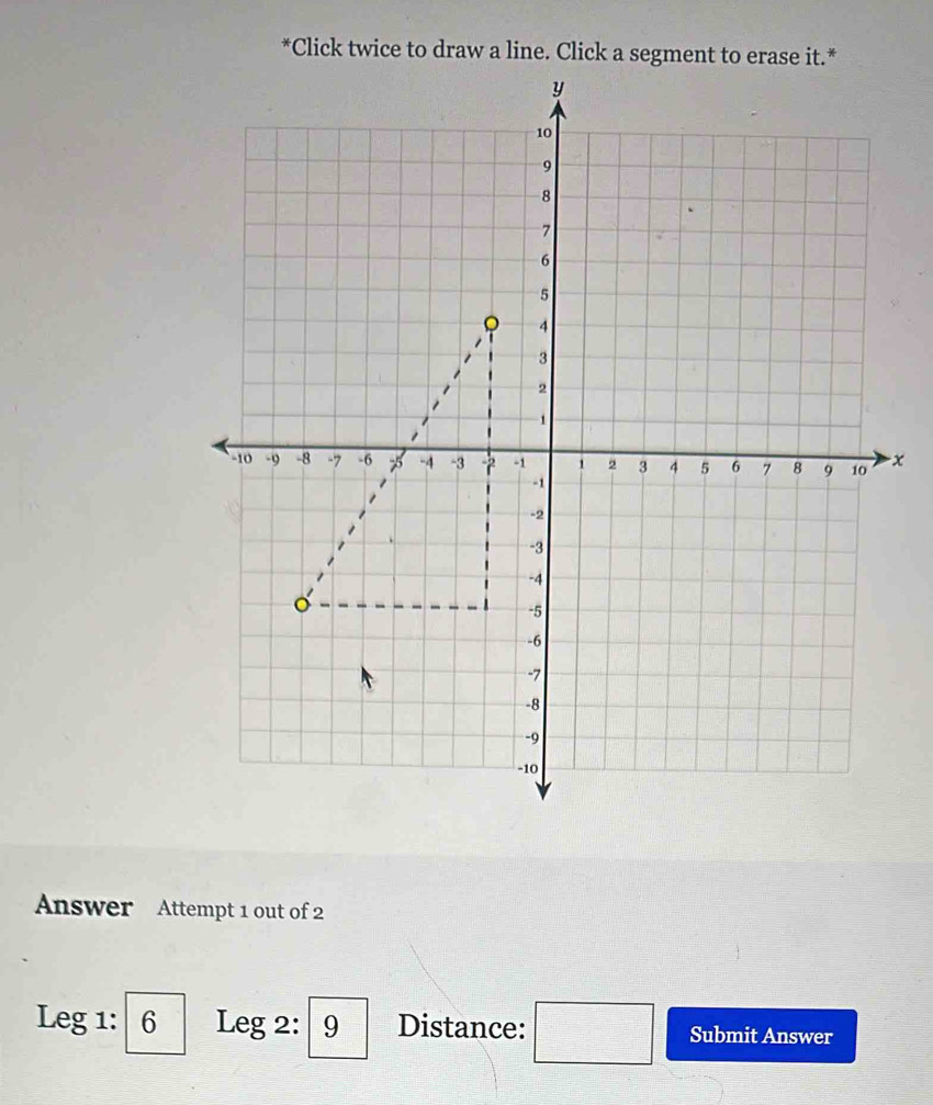 Click twice to draw a line. Click a segment to erase it.*
x
Answer Attempt 1 out of 2 
Leg 1: 6 Leg 2: 9 Distance: □ Submit Answer