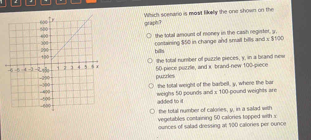 Which scenario is most likely the one shown on the
graph?
the total amount of money in the cash register, y,
containing $50 in change and small bills and x $100
bills
the total number of puzzle pieces, y, in a brand new
50 -piece puzzle, and x brand-new 100 -piece
puzzles
the total weight of the barbell, y, where the bar
weighs 50 pounds and x 100-pound weights are
added to it
the total number of calories, y, in a salad with
vegetables containing 50 calories topped with x
ounces of salad dressing at 100 calories per ounce