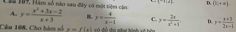 (-1;2).
D. (1;+∈fty ). 
Cầu 107. Hàm số nào sau đây có một tiệm cận:
A. y= (x^2+3x-2)/x+3  B. y= 4/x-1  C. y= 2x/x^2+1 . D. y= (x+3)/2x-1 
Câu 108. Cho hàm số y=f(x) có đồ thị như hình vẽ bên