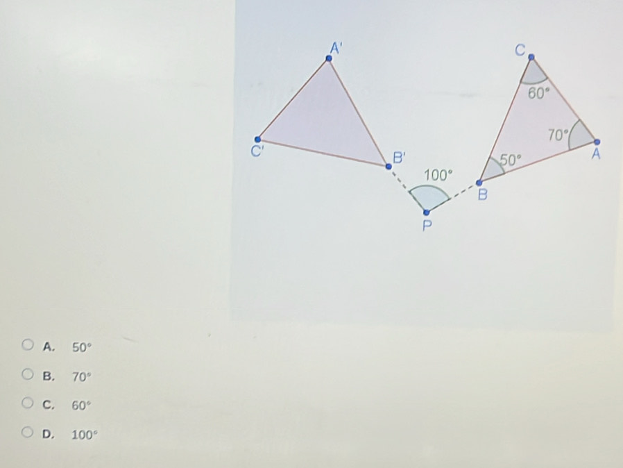 A. 50°
B. 70°
C. 60°
D. 100°