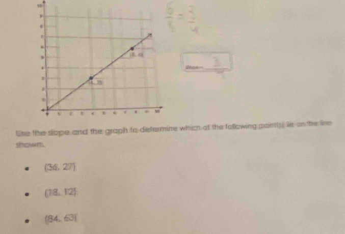 2000= _ 
lise the slope and the graph to determine which of the following point(s) ls on the lise
shown.
(36,27).
(18,12)
(84,63)