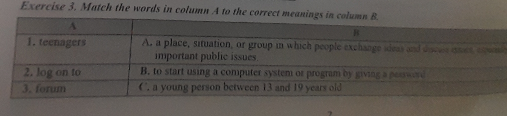 Match the words in column A to the 
e