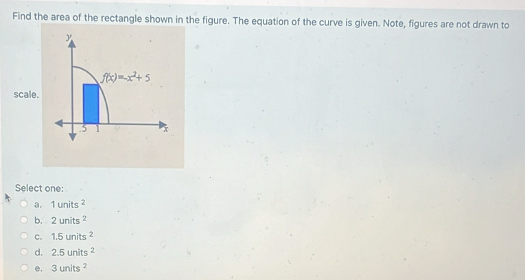 Find the area of the rectangle shown in the figure. The equation of the curve is given. Note, figures are not drawn to
scale.
Select one:
a. 1units^2
b. 2units^2
C. 1.5units^2
d. 2.5units^2
e. 3units^2