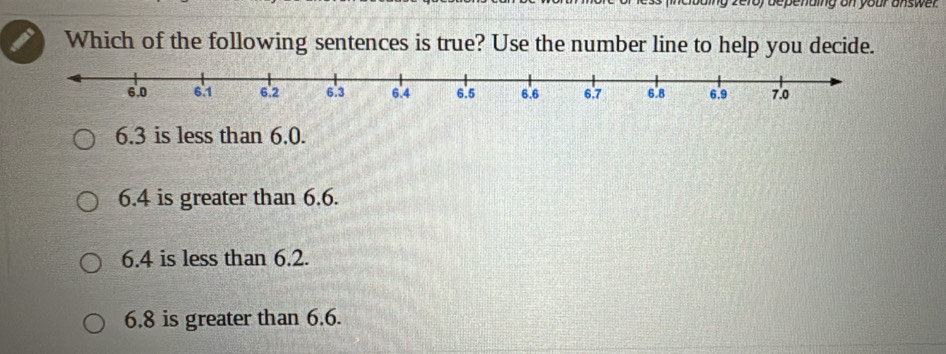 oy de pending on your answer .
Which of the following sentences is true? Use the number line to help you decide.
6.3 is less than 6.0.
6.4 is greater than 6.6.
6.4 is less than 6.2.
6.8 is greater than 6.6.