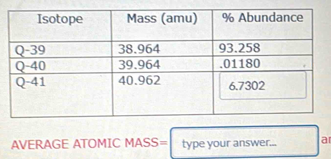 AVERAGE ATOMIC MASS= type your answer... a