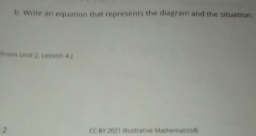 Write an equation that represents the diagram and the situation. 
From Unit 2, Lesson 4.) 
2 CC BY 2021 Illustrative Mathematics®