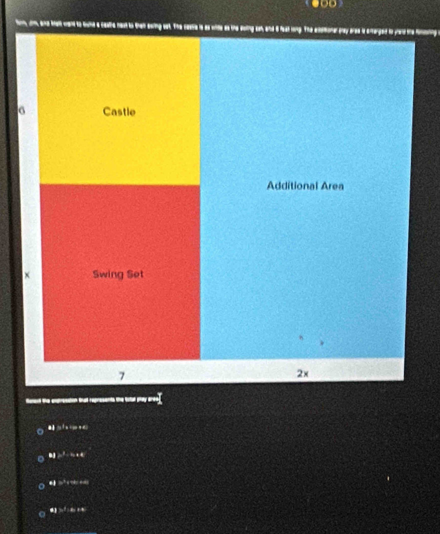 ●○ 
num, and Mal want to buma a castia nout to than ewing est. The castia is as wide as the coing soh, and 6 feat long. The exalonal eray aree is arrerged to yoid the fmming
6 Castle 
Additional Area 
Swing Set
7
2x
Roand the ampression fnat represents the tatal play ares 

=