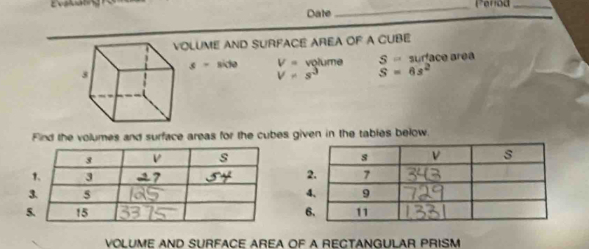 Period_ 
Date 
LUME AND SURFACE AREA OF A CUBE 
s - side V= volume S=6s^2 S= surface area
V!= s^3
Find the volumes and surface areas for the cubes given in the tables below. 

5 
VOLUME AND SURFACE AREA OF A RECTANGULAR PRISM