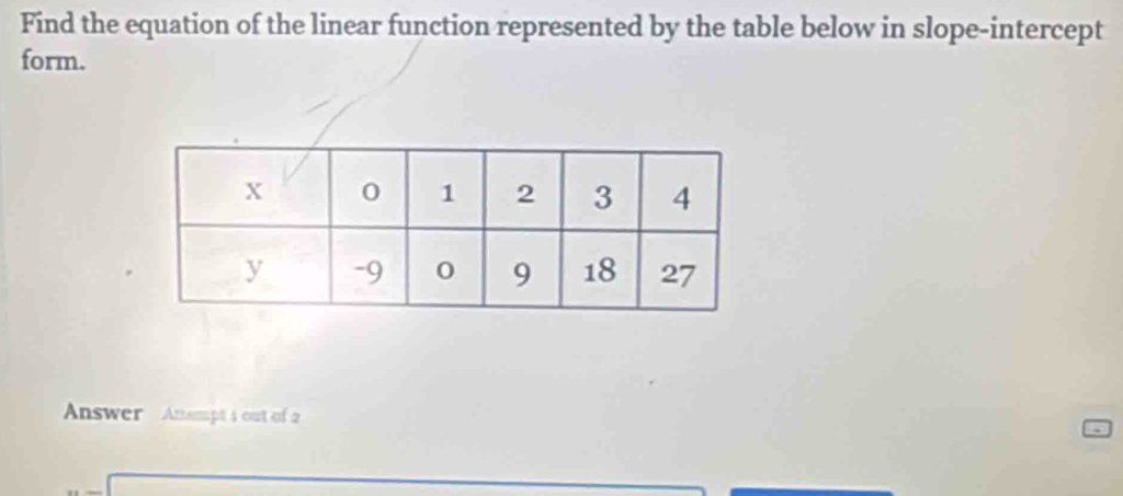 Find the equation of the linear function represented by the table below in slope-intercept 
form. 
Answer Anampt s out of 2