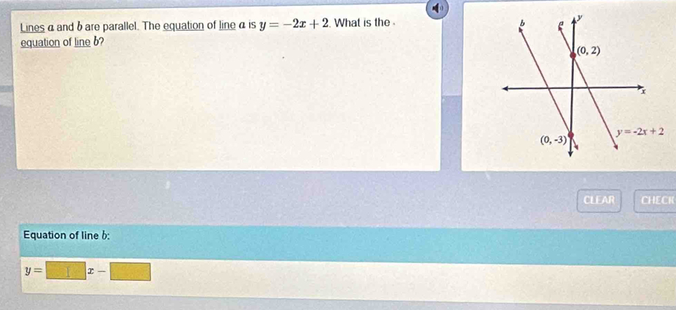 Lines a and b are parallel. The equation of lineα is y=-2x+2. What is the 
equation of line b?
CLEAR CHECK
Equation of line b:
y=□ x-□