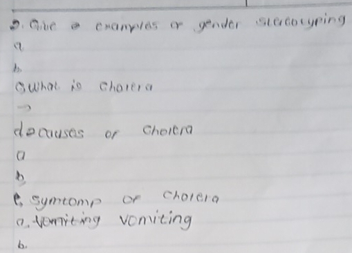 One e cranles o gender stacotyping
is
owhat is charera
docauses or choler
a
b
e, symtomp or cholcla
0. vomiting vomiting
b.