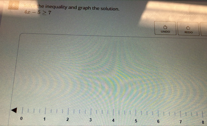 Solve the inequality and graph the solution.
4x-5≥ 7
UNDO REDO 
8