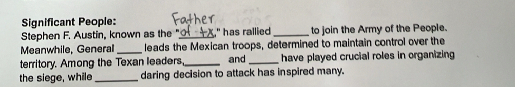 Significant People: 
Stephen F. Austin, known as the "_ ," has rallied _to join the Army of the People. 
Meanwhile, General _leads the Mexican troops, determined to maintain control over the 
territory. Among the Texan leaders,_ and _have played crucial roles in organizing 
the siege, while _daring decision to attack has inspired many.