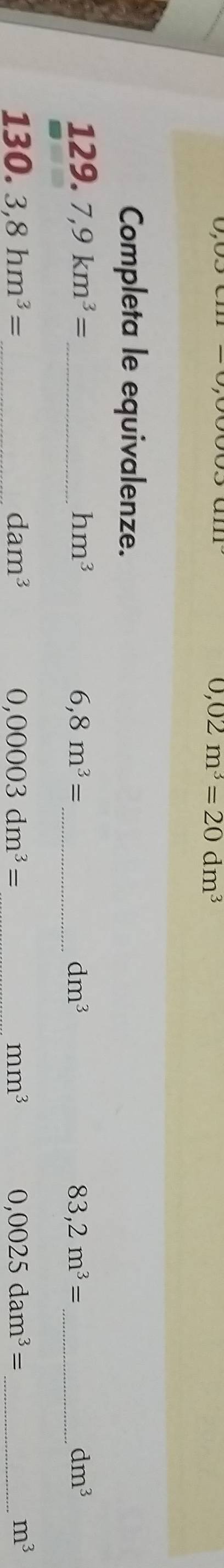 0,02m^3=20dm^3
Completa le equivalenze. 
_ 
129. 7,9km^3= _ hm^3 6,8m^3= dm^3 83,2m^3= dm^3
130. 3,8hm^3= dam^3 0,00003dm^3= mm^3 0,0025dam^3= _
m^3