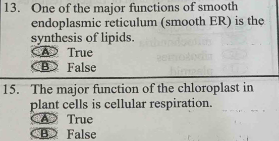 One of the major functions of smooth
endoplasmic reticulum (smooth ER) is the
synthesis of lipids.
a True
B False
15. The major function of the chloroplast in
plant cells is cellular respiration.
A True
B> False