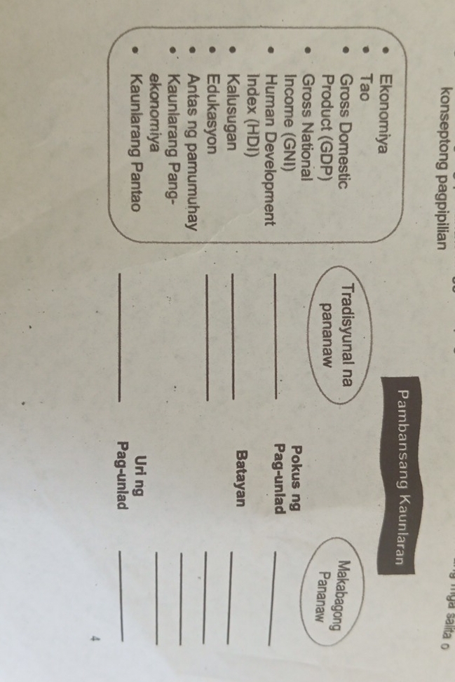 konseptong pagpipilian 
mga salita o 
Pambansang Kaunlaran 
Ekonomiya 
Tao 
Gross Domestic Tradisyunal na 
Makabagong 
Product (GDP) pananaw 
Pananaw 
Gross National 
Income (GNI) 
Pokus ng 
_Pag-unlad_ 
Human Development 
Index (HDI) 
Kalusugan 
_ 
_Batayan 
Edukasyon 
_ 
_ 
Antas ng pamumuhay 
Kaunlarang Pang- 
_ 
ekonomiya 
_ 
Kauniarang Pantao 
Uri ng 
_Pag-unlad_ 
4