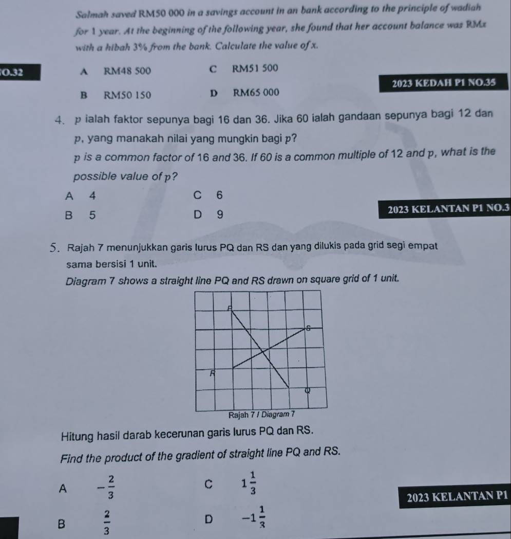 Salmah saved RM50 000 in a savings account in an bank according to the principle of wadiah
for 1 year. At the beginning of the following year, she found that her account balance was RMz
with a hibah 3% from the bank. Calculate the value of x.
O. 32 A RM48 500 C RM51 500
2023 KEDAH P1 NO. 35
B RM50 150 D RM65 000
4. p ialah faktor sepunya bagi 16 dan 36. Jika 60 ialah gandaan sepunya bagi 12 dan
p, yang manakah nilai yang mungkin bagi p?
p is a common factor of 16 and 36. If 60 is a common multiple of 12 and p, what is the
possible value of p?
A 4 C 6
B 5 D 9 2023 KELANTAN P1 NO. 3
5. Rajah 7 menunjukkan garis lurus PQ dan RS dan yang dilukis pada grid segi empat
sama bersisi 1 unit.
Diagram 7 shows a straight line PQ and RS drawn on square grid of 1 unit.
Hitung hasil darab kecerunan garis lurus PQ dan RS.
Find the product of the gradient of straight line PQ and RS.
A - 2/3 
C 1 1/3 
2023 KELANTAN P1
B  2/3 
D -1 1/3 