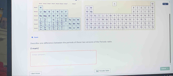 Gresp  Greup 3 Groag 1 GraTotop 
Q Zoom 
Describe one difference between the periods of these two versions of the Periodic table. 
(1 mark) 
Enter answer. 
Periodic Table Submi  
I dan't know