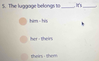 The luggage belongs to _. It's_ .
him - his
her - theirs
theirs - them