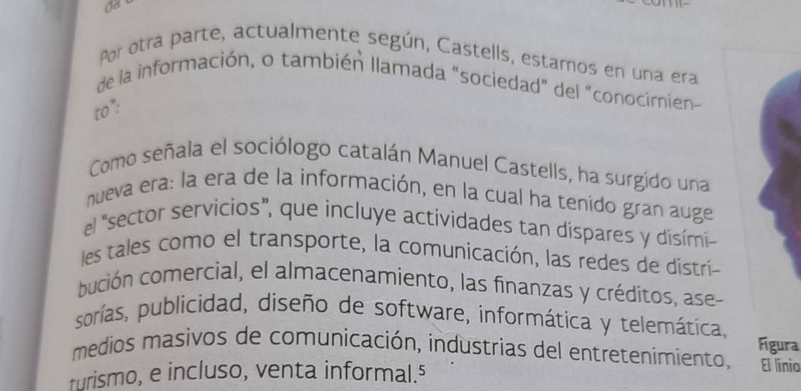 Por otra parte, actualmente según, Castells, estamos en una era 
de la información, o también llamada "sociedad" del "conocimien- 
to": 
Como señala el sociólogo catalán Manuel Castells, ha surgido una 
nueva era: la era de la información, en la cual ha tenido gran auge 
el "sector servicios”, que incluye actividades tan dispares y disími 
les tales como el transporte, la comunicación, las redes de distri- 
bución comercial, el almacenamiento, las finanzas y créditos, ase- 
sorías, publicidad, diseño de software, informática y telemática, 
Fígura 
medios masivos de comunicación, industrias del entretenimiento, El línio 
furismo, e incluso, venta informal.⁵