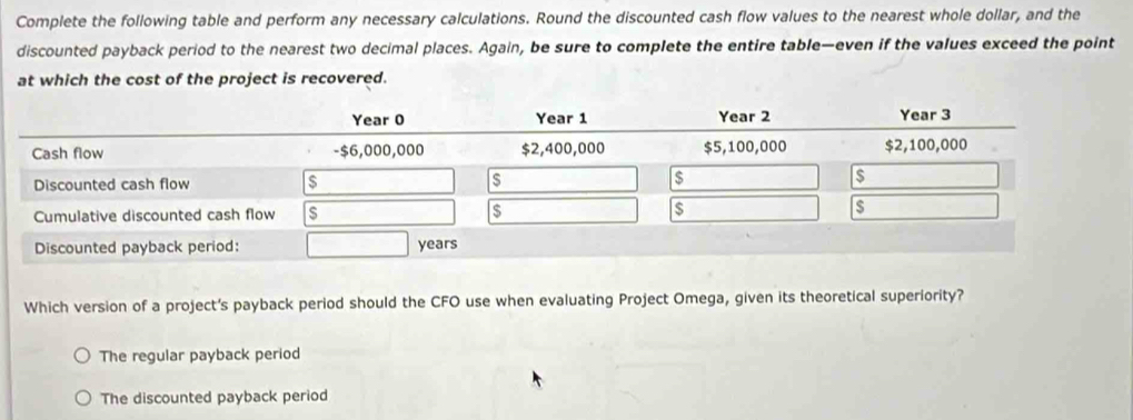 Complete the following table and perform any necessary calculations. Round the discounted cash flow values to the nearest whole dollar, and the
discounted payback period to the nearest two decimal places. Again, be sure to complete the entire table—even if the values exceed the point
at which the cost of the project is recovered.
Which version of a project's payback period should the CFO use when evaluating Project Omega, given its theoretical superiority?
The regular payback period
The discounted payback period