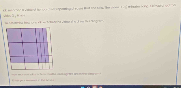 Kiki recorded a video of her parakeet repeating phrases that she said. The video is 2 3/4 minu tes long. Kiki watched the 
video 2 1/2 timos. 
To determine how long Kiki watched the video, she drew this diagram. 
How many wholes, halves, fourths, and eighths are in the diagram? 
Enter your answers in the boxes