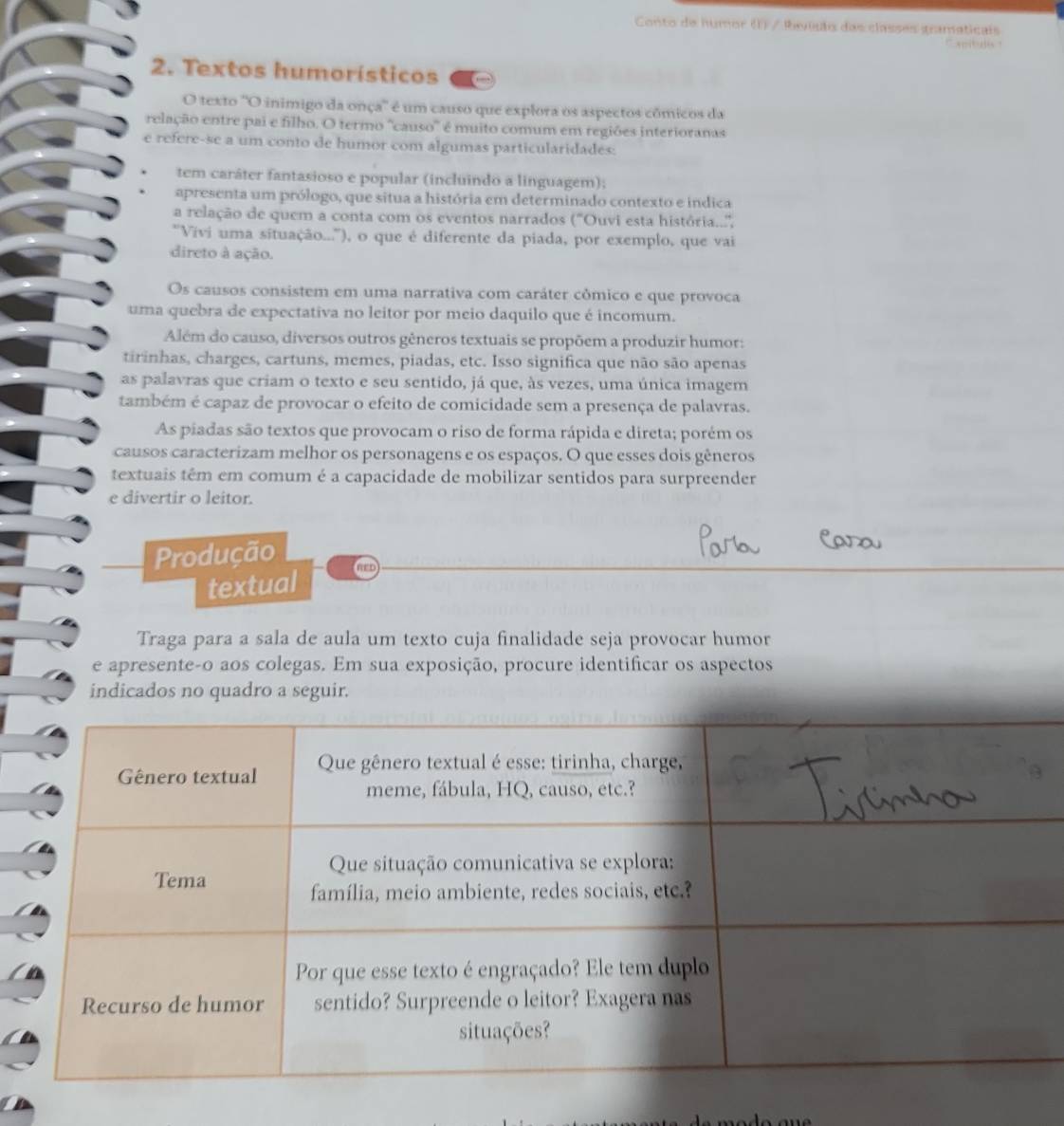 Conto de humor (1) / Rvigão das classes gramaticais
` apitulis 
2. Textos humorísticos
O texto ''O inimigo da onça' é um causo que explora os aspectos cômicos da
relação entre pai e filho. O termo ''causo'' é muito comum em regiões interioranas
e refere-se a um conto de humor com algumas particularidades.
tem caráter fantasioso e popular (incluindo a linguagem);
apresenta um prólogo, que situa a história em determinado contexto e indica
a relação de quem a conta com os eventos narrados (''Ouvi esta história..'',
"Vívi uma situação..."), o que é diferente da piada, por exemplo, que vai
direto à ação.
Os causos consistem em uma narrativa com caráter cômico e que provoca
uma quebra de expectativa no leitor por meio daquilo que é incomum.
Além do causo, diversos outros gêneros textuais se propõem a produzir humor:
tirinhas, charges, cartuns, memes, piadas, etc. Isso significa que não são apenas
as palavras que criam o texto e seu sentido, já que, às vezes, uma única imagem
também é capaz de provocar o efeito de comicidade sem a presença de palavras.
As piadas são textos que provocam o riso de forma rápida e direta; porém os
causos caracterizam melhor os personagens e os espaços. O que esses dois gêneros
textuais têm em comum é a capacidade de mobilizar sentidos para surpreender
e divertir o leitor.
Produção
textual
nED
Traga para a sala de aula um texto cuja finalidade seja provocar humor
e apresente-o aos colegas. Em sua exposição, procure identificar os aspectos
indicados no quadro a seguir.