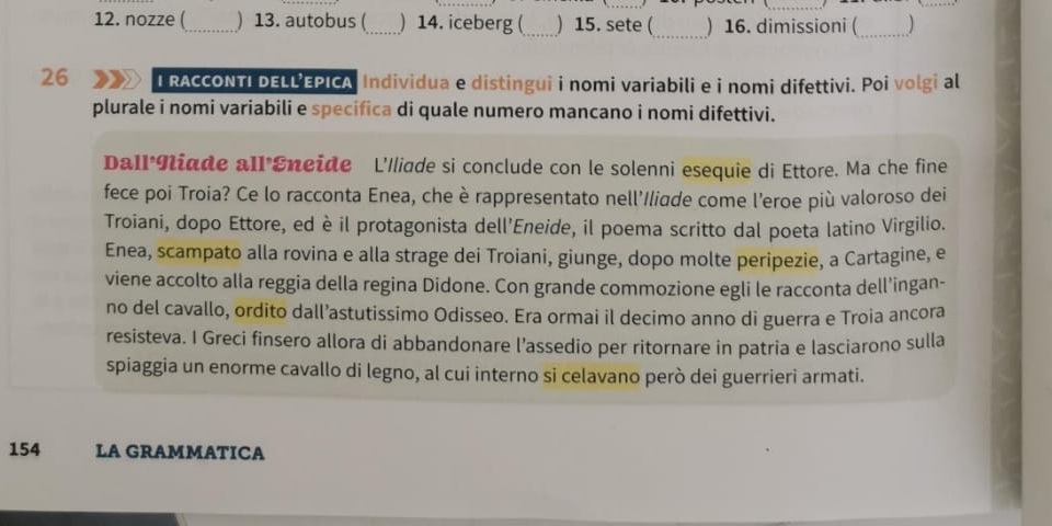 nozze (_ ) 13. autobus (_ ) 14. iceberg (_ ) 15. sete (_ ) 16. dimissioni (_  
26 I RACCONTI DELL’EPICA Individua e distingui i nomi variabili e i nomi difettivi. Poi volgi al 
plurale i nomi variabili e specifica di quale numero mancano i nomi difettivi. 
Dall'Niade all'Eneide L'Iliade si conclude con le solenni esequie di Ettore. Ma che fine 
fece poi Troia? Ce lo racconta Enea, che è rappresentato nell'//iade come l'eroe più valoroso dei 
Troiani, dopo Ettore, ed è il protagonista dell'Eneide, il poema scritto dal poeta latino Virgilio. 
Enea, scampato alla rovina e alla strage dei Troiani, giunge, dopo molte peripezie, a Cartagine, e 
viene accolto alla reggia della regina Didone. Con grande commozione egli le racconta dell'ingan- 
no del cavallo, ordito dall’astutissimo Odisseo. Era ormai il decimo anno di guerra e Troia ancora 
resisteva. I Greci finsero allora di abbandonare l’assedio per ritornare in patria e lasciarono sulla 
spiaggia un enorme cavallo di legno, al cui interno si celavano però dei guerrieri armati. 
154 LA GRAMMATICA