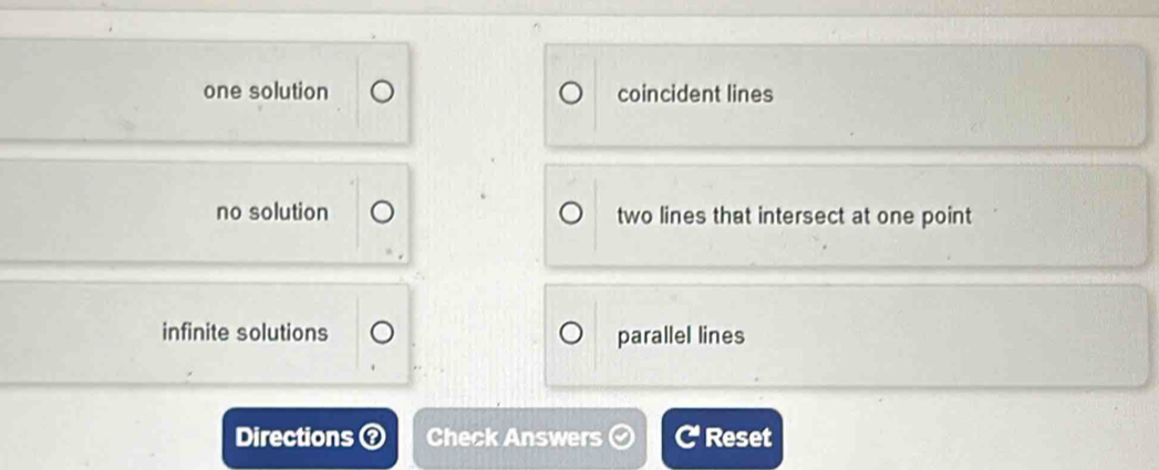 one solution coincident lines
no solution two lines that intersect at one point
infinite solutions
parallel lines
Directions Check Answers Reset