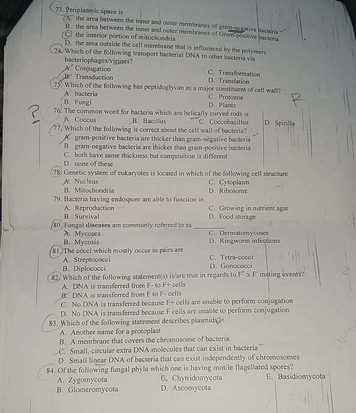 Periplasmic space is
Athe area between the inner and outer membranes of gram-negative bacteria
B. the area between the inner and outer membranes of Gram-positive bacteria
the interior portion of mitochondria
D. the area outside the cell membrane that is influenced by the polymers
74. Which of the following transport bacterial DNA to other bacteria via
bacteriophages/viruses?
A. Conjugation C. Transformation
B. Transduction D. Translation
75. Which of the following has peptidoglycan as a major constituent of cell wall?
A. bacteria C. Protozoa
B. Fungi D. Plants
76. The common word for bacteria which are helically curved rods is
A. Coccus B. Bacillus C. Coccobacillus D. Spirilla
77. Which of the following is correct about the cell wall of bacteria?
A gram-positive bacteria are thicker than gram-negative bacteria
B. gram-negative bacteria are thicker than gram-positive bacteria
C. both have same thickness but composition is different
D. none of these
78. Genetic system of eukaryotes is located in which of the following cell structure
A Nucleus C. Cytoplasm
B. Mitochondria D. Ribosome
79. Bacteria having endospore are able to function in
A. Reproduction C. Growing in nutrient agar
B. Survival D. Food storage
80 Fungal diseases are commonly referred to as_
A. Mycoses C. Dermatomycoses
B. Mycosis D. Ringworm infections
81. The cocci which mostly occur in pairs are
A. Streptococci C. Tetra-cocci
B. Diplococci D. Gonococci
82. Which of the following statement(s) is/are true in regards to F^+* F^- mating events?
A. DNA is transferred from F- to F+ cells
B. DNA is transferred from F to F- cells
C. No DNA is transferred because F+ cells are unable to perform conjugation
D. No DNA is transferred because F cells are unable to perform conjugation
83. Which of the following statement describes plasmids?
A. Another name for a protoplast
B. A membrane that covers the chromosome of bacteria
C. Small, circular extra DNA molecules that can exist in bacteria
D. Small linear DNA of bacteria that can exist independently of chromosomes
84. Of the following fungal phyla which one is having motile flagellated spores?
A. Zygomycota C、Chytridomycota E. Basidiomycota
B. Glomeromycota D. Ascomycota