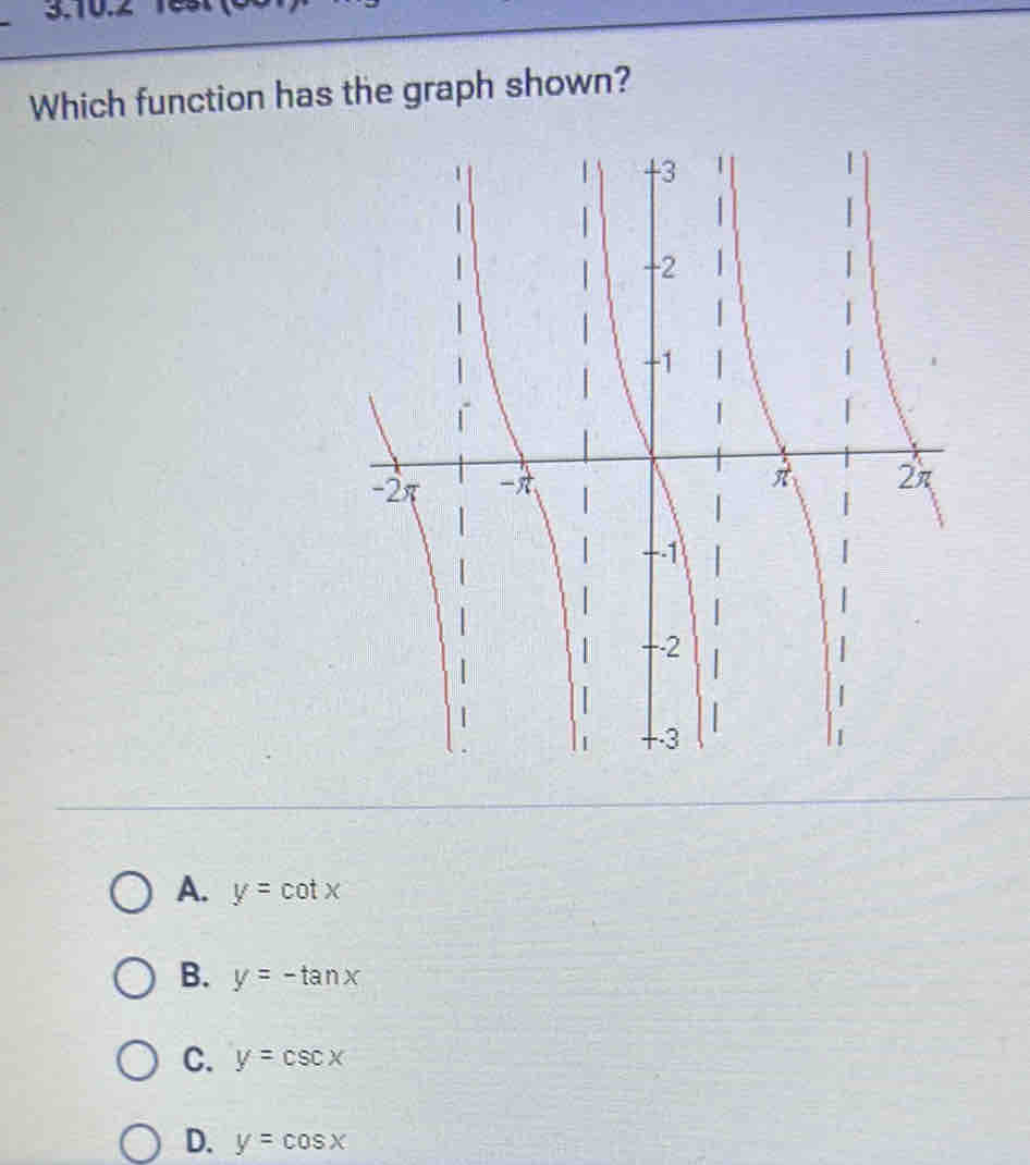 163
Which function has the graph shown?
A. y=cot x
B. y=-tan x
C. y=csc x
D. y=cos x