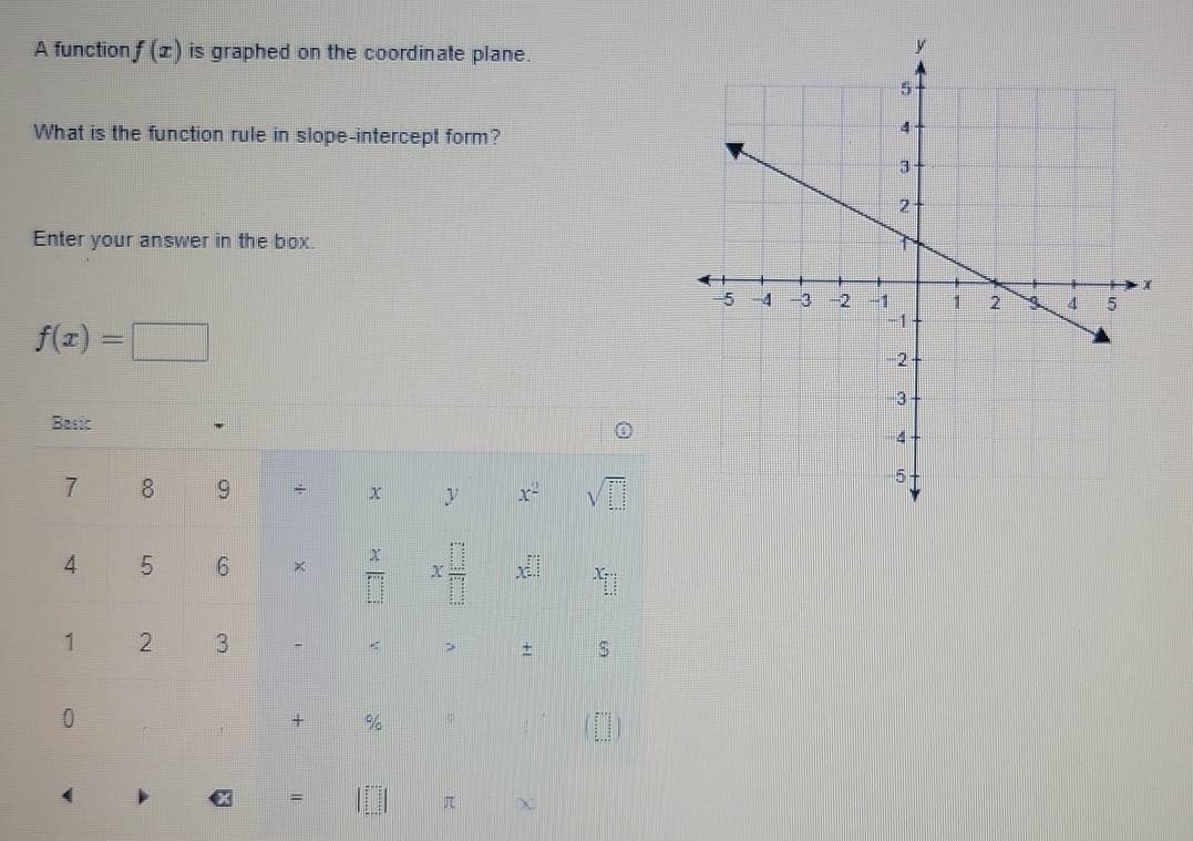 A function f(x) is graphed on the coordinate plane. 
What is the function rule in slope-intercept form? 
Enter your answer in the box.
f(x)=□
Basic
7 8 9 ÷ X y x^2 sqrt(□ )
4 5 6 ×  x/□   x □ /□   x:3 x_□ 
1 2 3 - < , ± $ 
0 
+ % 
(□ )
overline 2 = | π