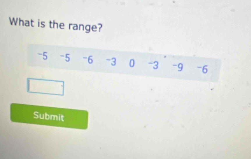 What is the range?
-5 -5 -6 -3 0 -3 -9 -6
Submit