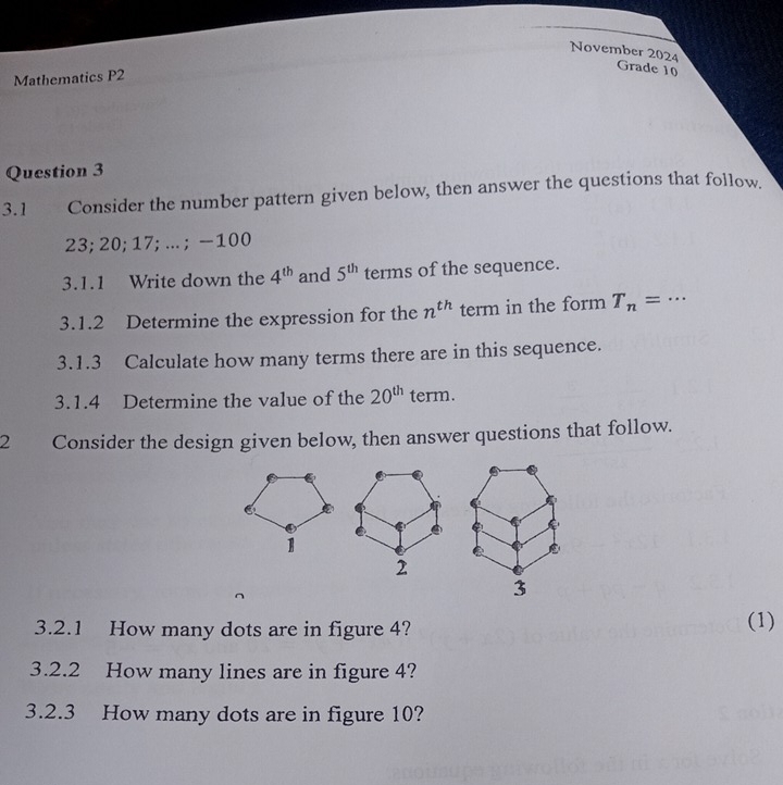 November 2024 Grade 10 
Mathematics P2 
Question 3 
3.1 Consider the number pattern given below, then answer the questions that follow.
23; 20; 17; . ; -100
3.1.1 Write down the 4^(th) and 5^(th) terms of the sequence. 
3.1.2 Determine the expression for the n^(th) term in the form T_n=... _ 
3.1.3 Calculate how many terms there are in this sequence. 
3.1.4 Determine the value of the 20^(th) term. 
2 Consider the design given below, then answer questions that follow. 
3.2.1 How many dots are in figure 4? (1) 
3.2.2 How many lines are in figure 4? 
3.2.3 How many dots are in figure 10?