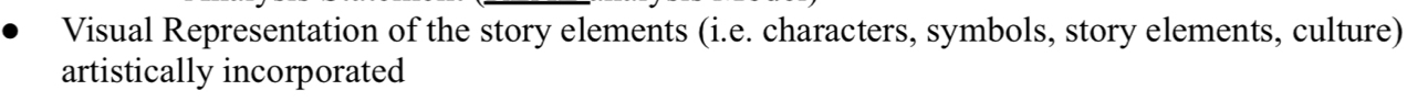Visual Representation of the story elements (i.e. characters, symbols, story elements, culture) 
artistically incorporated