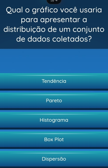 Qual o gráfico você usaria
para apresentar a
distribuição de um conjunto
de dados coletados?
Tendência
Pareto
Histograma
Box Plot
Dispersão