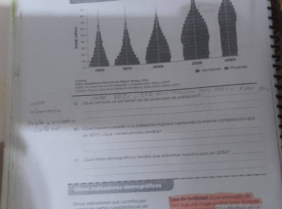 Fuarte 
HESL Eltxstricas Hatóricas de México, Mérico, 
* 85, V9 Cerón Genéna de Polasión y Vwenie 2000 vnésica 200. 
_ 
Cter Pgeccicdas de la Peasecón de Pexco 200-1091 eecn 2013
Ator 
a ¿Qué cambios se advierten en las pirámides de población? 
, 2 
_ 
b) (Que hubiera pasado si la población hubiera mantenido la misma compssición que 
en 1970? ¿Qué consecuencas (endría? 
_ 
_ 
c ¿Qué retos demográficos tendrá que enfrentar nuestro país en 2050?_ 
_ 
Otros indicadores demográficos 
Otros indicadores que contríbuyen Tasa de fertiidad. Es el promerío de 
Ceas ca c i terísticas de os que uns muer godela túne dutarte