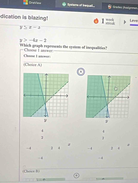 OneView Systems of inequal.... Grades (Assignmen
dication is blazing! 1 streak week Leve
y≤ x-3
y>-4x-2
Which graph represents the system of inequalities?
Choose 1 answer:
Choose 1 answer:
(Choice A)
a
y
4
4
2
2
x
x
-4 2 4 -4 2 4
-4
-4
(Choice B)