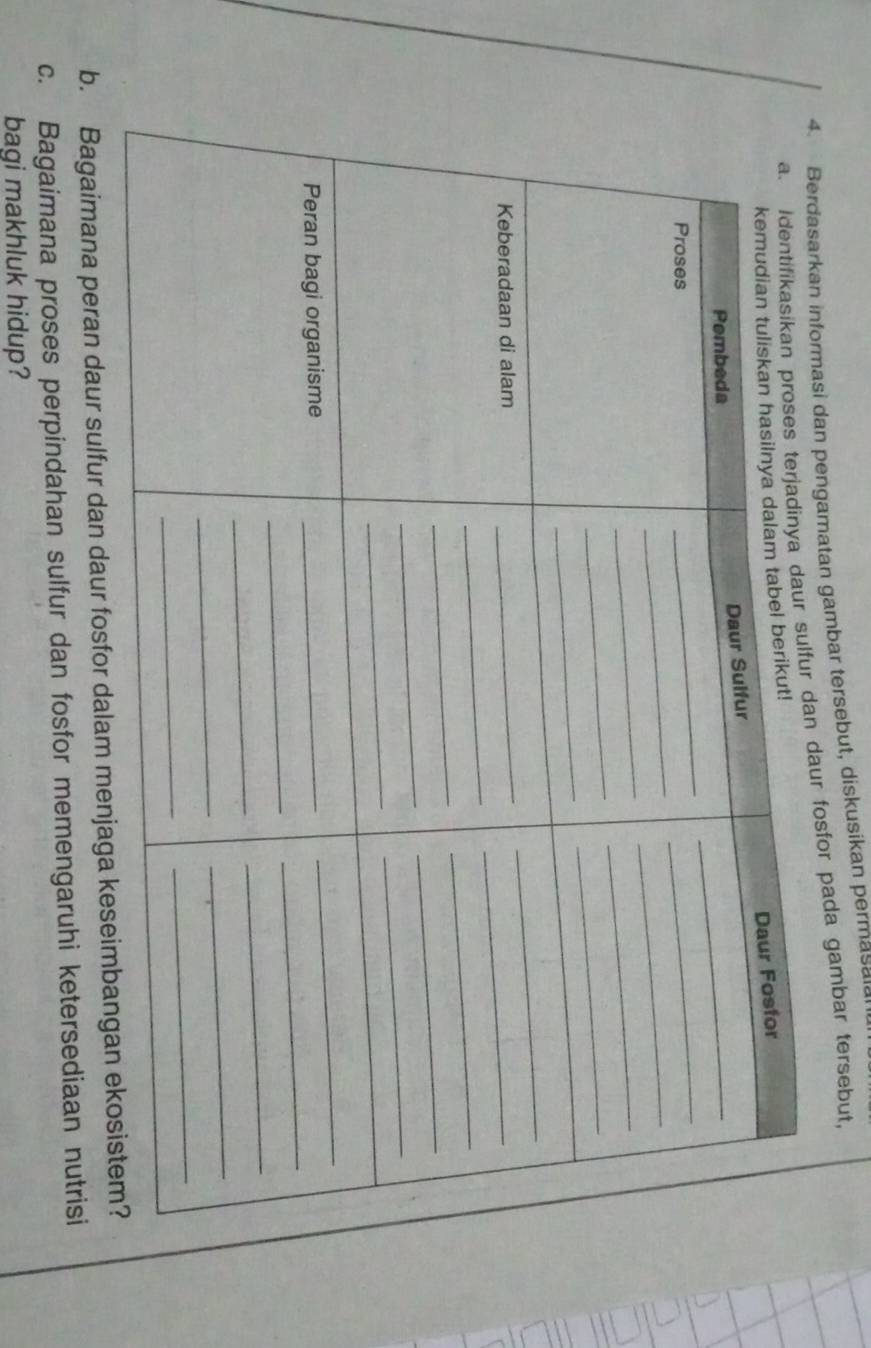 Berdasarkan informasi dan pengamatan gambar tersebut, diskusikan permasa 
daur fosfor pada gambar tersebut, 
b. Bagaimana peran daur sulfur dan daur fo 
c. Bagaimana proses perpindahan sulfur dan fosfor memengaruhi ketersediaan nutrisi 
bagi makhluk hidup?