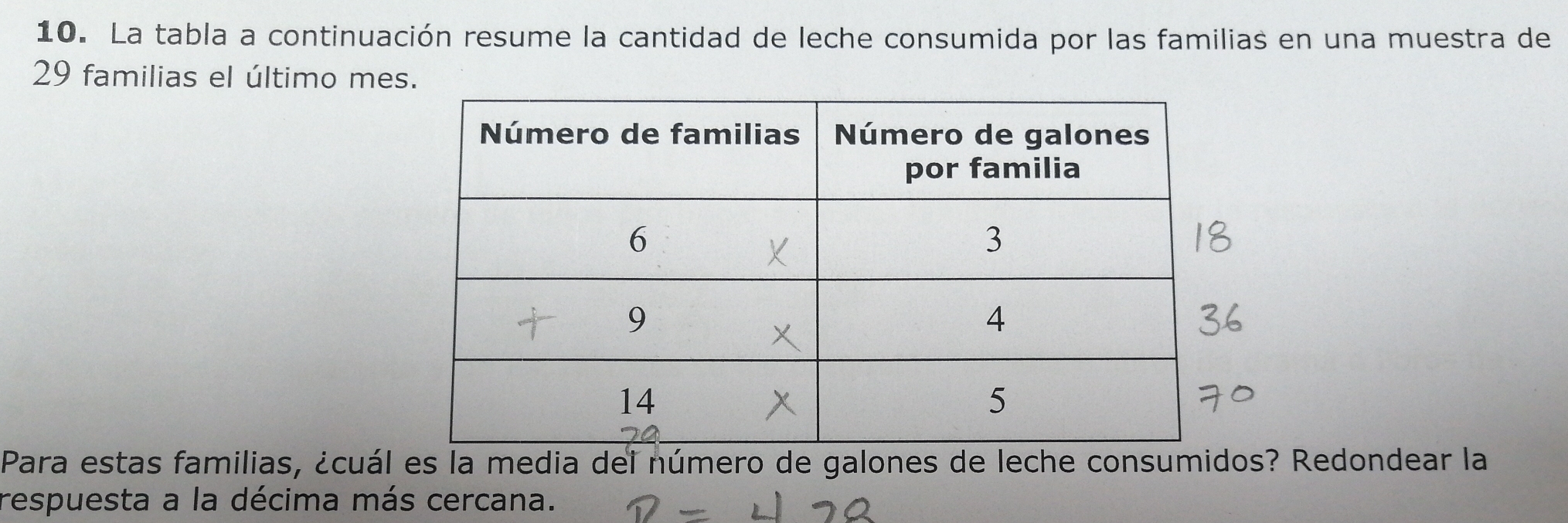 La tabla a continuación resume la cantidad de leche consumida por las familias en una muestra de
29 familias el último mes. 
Para estas familias, ¿cuál es la media del número de galones de leche consumidos? Redondear la 
respuesta a la décima más cercana.