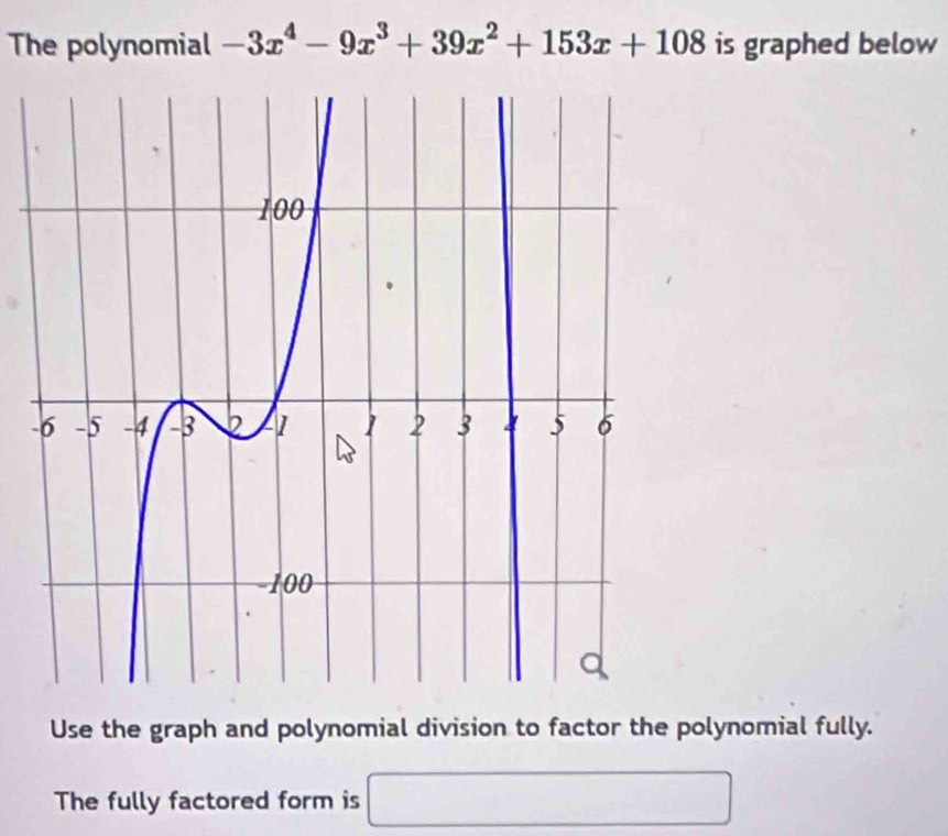 The polynomial -3x^4-9x^3+39x^2+153x+108 is graphed below 
- 
Use the graph and polynomial division to factor the polynomial fully. 
The fully factored form is ∴ △ ADF|b|alpha |alpha |