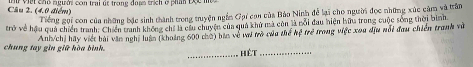 thứ Việt cho người con trai út trong đoạn trích ở phân Độc mều. 
Câu 2. (4.0 điểm) 
Tiếng gọi con của những bậc sinh thành trong truyện ngắn Gọi con của Bảo Ninh để lại cho người đọc những xúc cảm và trăn 
trở về hậu quả chiến tranh: Chiến tranh không chỉ là câu chuyện của quá khứ mà còn là nổi đau hiện hữu trong cuộc sống thời bình. 
Anh/chị hãy viết bài văn nghị luận (khoảng 600 chữ) bàn về vai trò của thế hệ trẻ trong việc xoa dịu nổi đau chiến tranh và 
chung tay gìn giữ hòa bình. _hét_