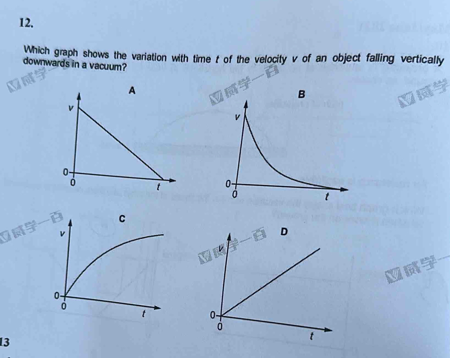 Solved: Which graph shows the variation with time t of the velocity v ...