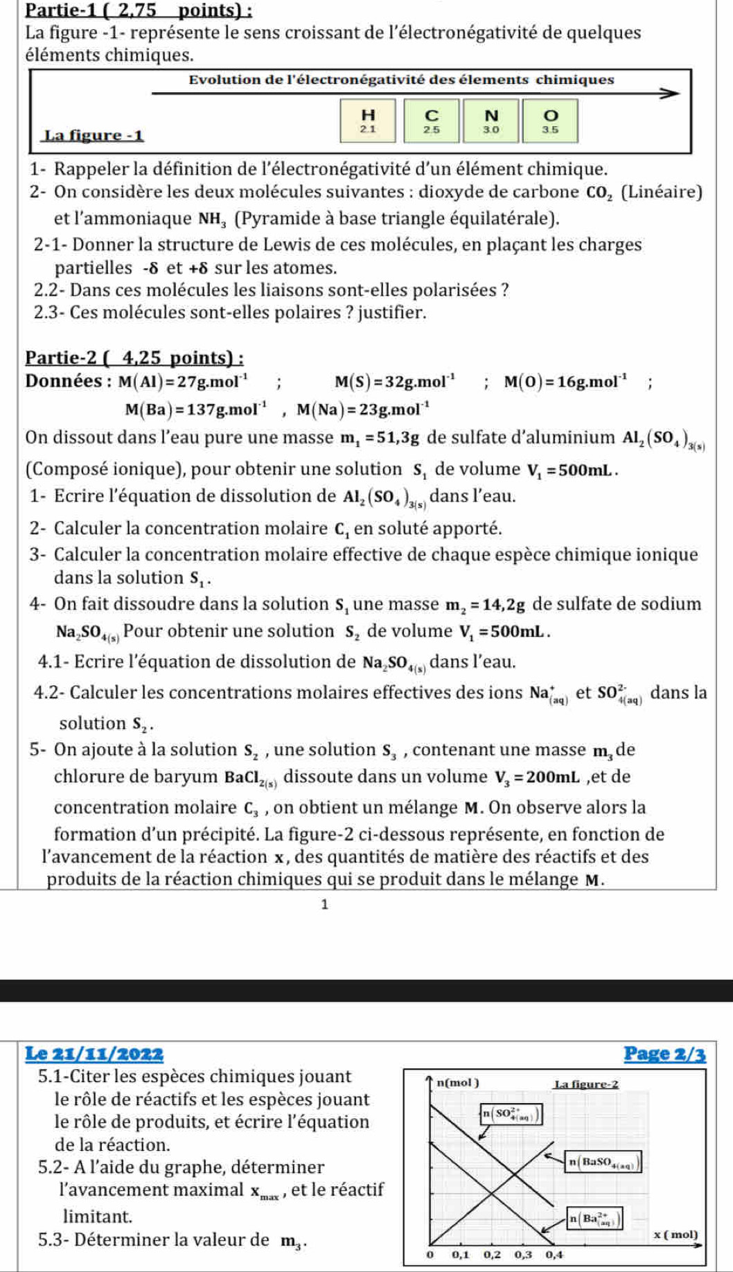 Partie-1 ( 2,75 points) :
La figure -1- représente le sens croissant de l’électronégativité de quelques
éléments chimiques.
Evolution de l'électronégativité des élements chimiques
H C N
La figure -1 2 1 2.5 3.0
1- Rappeler la définition de l'électronégativité d'un élément chimique.
2- On considère les deux molécules suivantes : dioxyde de carbone CO_2 (Linéaire)
et l'ammoniaque NH₃ (Pyramide à base triangle équilatérale).
2-1- Donner la structure de Lewis de ces molécules, en plaçant les charges
partielles -δ et +δ sur les atomes.
2.2- Dans ces molécules les liaisons sont-elles polarisées ?
2.3- Ces molécules sont-elles polaires ? justifier.
Partie-2 ( 4,25 points) :
Données : M(Al)=27g.mol^(-1) M(S)=32g.mol^(-1);M(O)=16g.mol^(-1) □
M(Ba)=137g.mol^(-1),M(Na)=23g.mol^(-1)
On dissout dans l’eau pure une masse m_1=51,3g de sulfate d’aluminium Al_2(SO_4)_3(s)
(Composé ionique), pour obtenir une solution S_1 de volume V_1=500mL.
1- Ecrire l'équation de dissolution de Al_2(SO_4)_3(s) dans l’eau.
2- Calculer la concentration molaire C_1 en soluté apporté.
3- Calculer la concentration molaire effective de chaque espèce chimique ionique
dans la solution S_1.
4- On fait dissoudre dans la solution S_1 une masse m_2=14,2g de sulfate de sodium
Na _2SO_4(s) Pour obtenir une solution S_2 de volume V_1=500mL.
4.1- Ecrire l'équation de dissolution de Na_2SO_4(s) dans l’eau.
4.2- Calculer les concentrations molaires effectives des ions Na_((aq))^+ et SO_(4(aq))^(2-) dans la
solution S_2.
5- On ajoute à la solution S_2 , une solution S_3 , contenant une masse m_3 de
chlorure de baryum BaCl_2(s) dissoute dans un volume V_3=200mL ,et de
concentration molaire C_3 , on obtient un mélange M. On observe alors la
formation d’un précipité. La figure-2 ci-dessous représente, en fonction de
l'avancement de la réaction x, des quantités de matière des réactifs et des
produits de la réaction chimiques qui se produit dans le mélange M.
1
Le 21/11/2022
5.1-Citer les espèces chimiques jouant
le rôle de réactifs et les espèces jouant
le rôle de produits, et écrire l'équation
de la réaction.
5.2- A l'aide du graphe, déterminer
l’avancement maximal X_max , et le réacti
limitant. 
5.3- Déterminer la valeur de m_3.