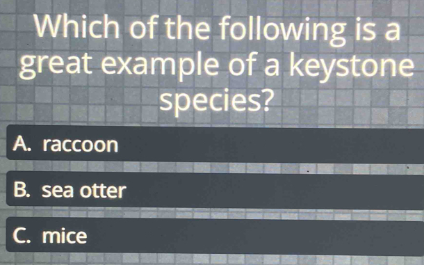 Which of the following is a
great example of a keystone
species?
A. raccoon
B. sea otter
C. mice