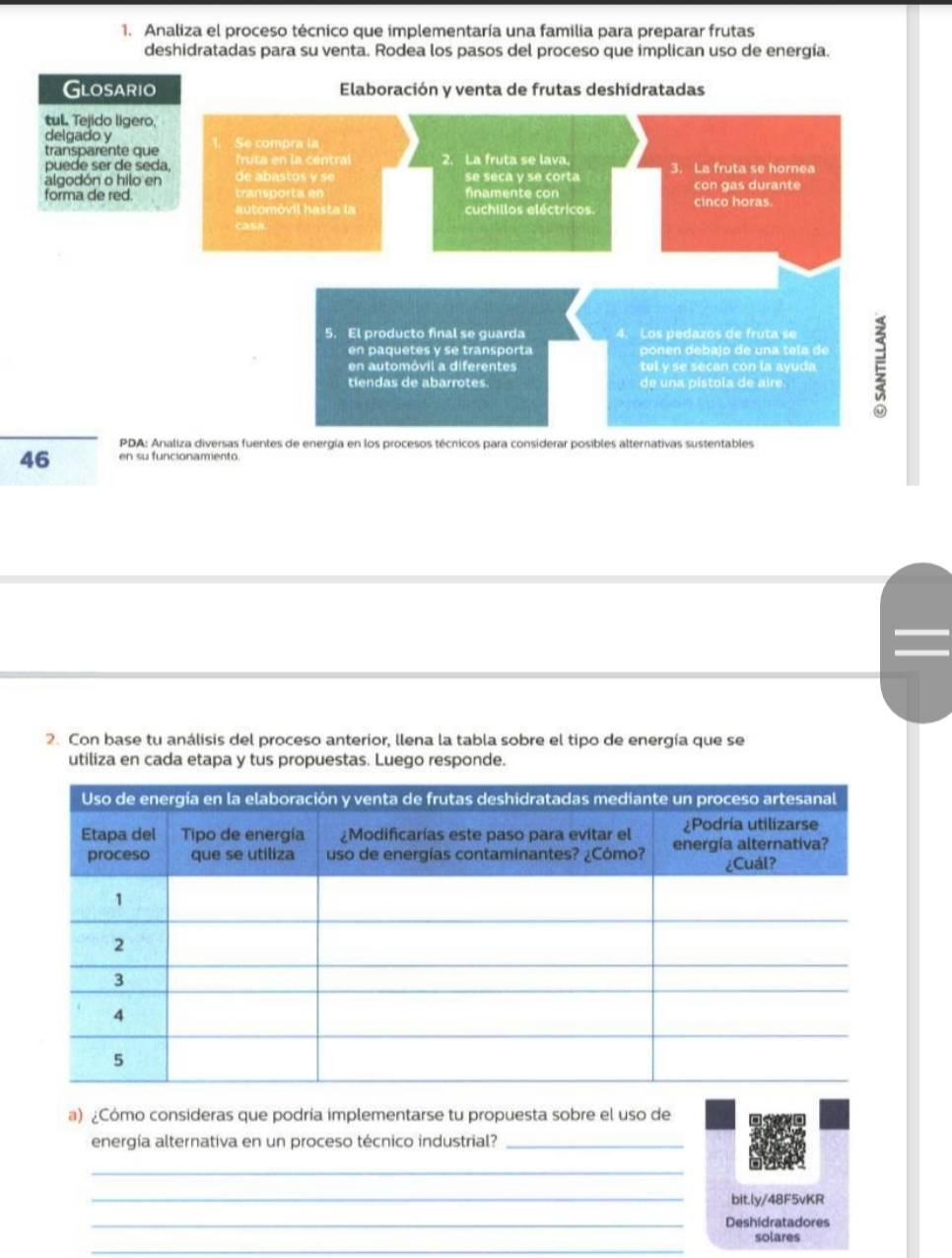 Analiza el proceso técnico que implementaría una familia para preparar frutas 
deshidratadas para su venta. Rodea los pasos del proceso que implican uso de energía. 
Glosario Elaboración y venta de frutas deshidratadas 
tul. Tejido ligero, 
delgado y 
transparente que 
puede ser de sed 
algodón o hilo en 
forma de red. 
PDA: Analiza diversas fuentes de energía en los procesos técnicos para considerar posibles alternativas sustentables
46 en su funcionamiento. 
2. Con base tu análisis del proceso anterior, llena la tabla sobre el tipo de energía que se 
utiliza en cada etapa y tus propuestas. Luego responde. 
a) ¿Cómo consideras que podría implementarse tu propuesta sobre el uso de 
energía alternativa en un proceso técnico industrial?_ 
_ 
_bit.ly/48F5vKR 
_Deshidratadores 
_ 
solares