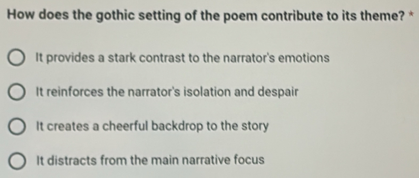 How does the gothic setting of the poem contribute to its theme? *
It provides a stark contrast to the narrator's emotions
It reinforces the narrator's isolation and despair
It creates a cheerful backdrop to the story
It distracts from the main narrative focus