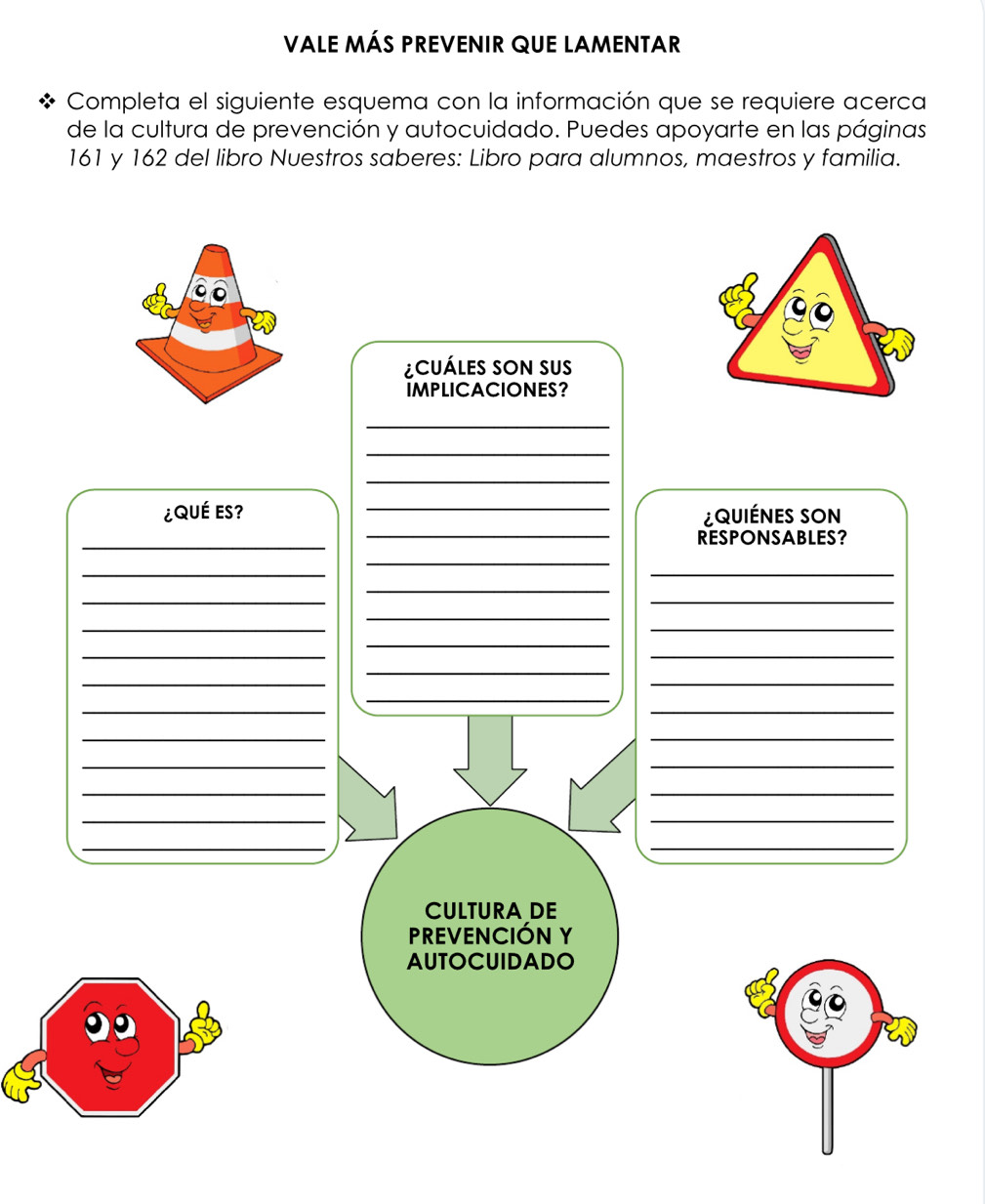 VaLe Más prEVENIR qUE LAMEntar 
Completa el siguiente esquema con la información que se requiere acerca 
de la cultura de prevención y autocuidado. Puedes apoyarte en las páginas
161 y 162 del libro Nuestros saberes: Libro para alumnos, maestros y familia.